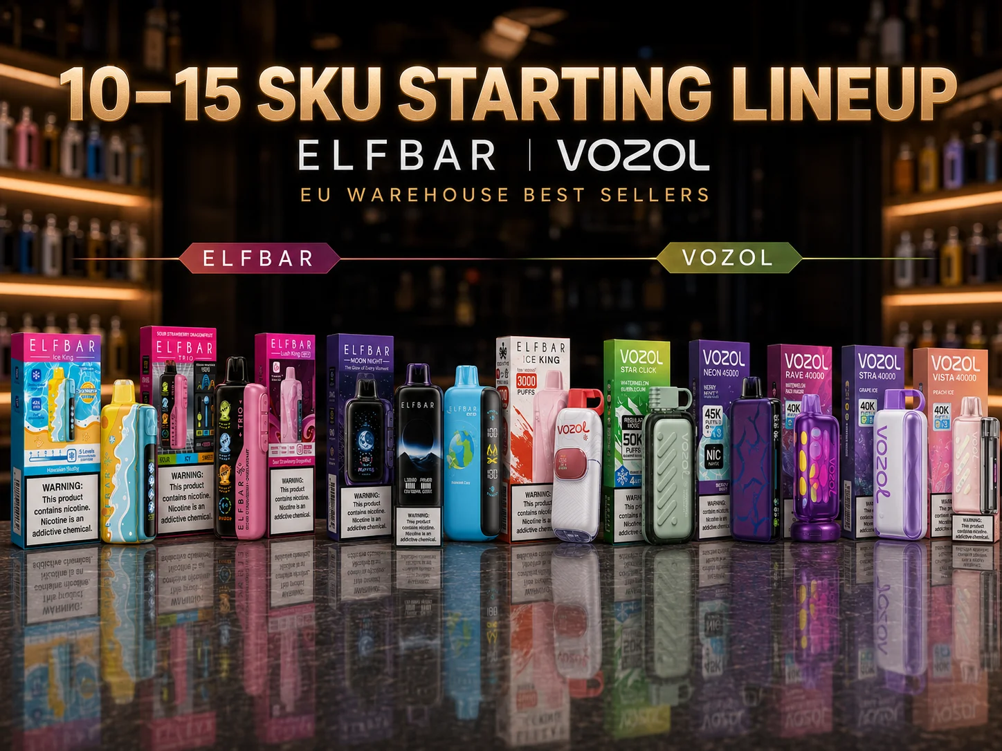 A small, curated display of 10-15 vape SKUs