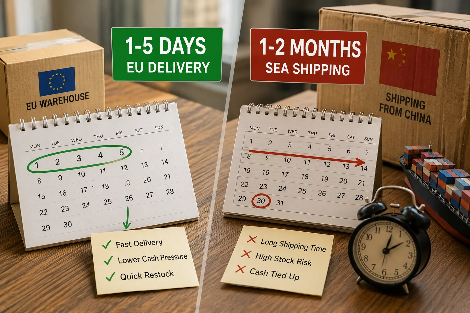Fast Delivery vs Slow Shipping A calendar showing a 5-day delivery window versus a 2-month window