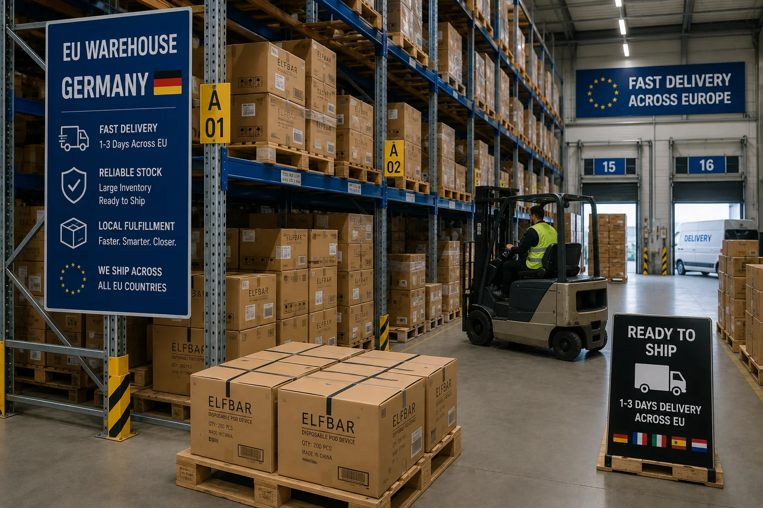A warehouse aisle in Germany with packages ready for shipment