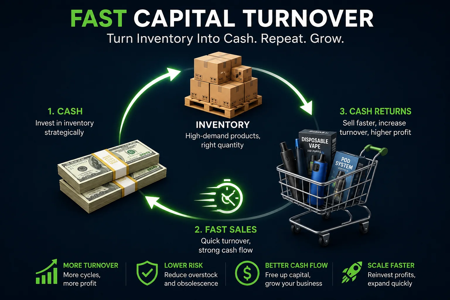 Diagram illustrating fast capital turnover with cash, inventory, and sales. Includes disposable vape products in shopping cart and currency stacks.