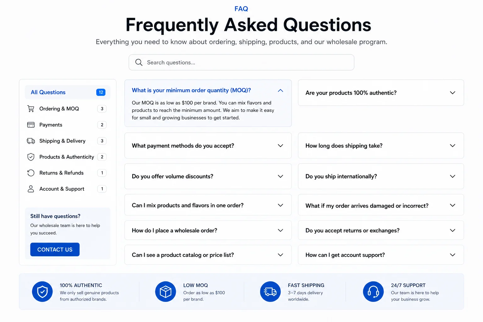 A detailed FAQ section on a website