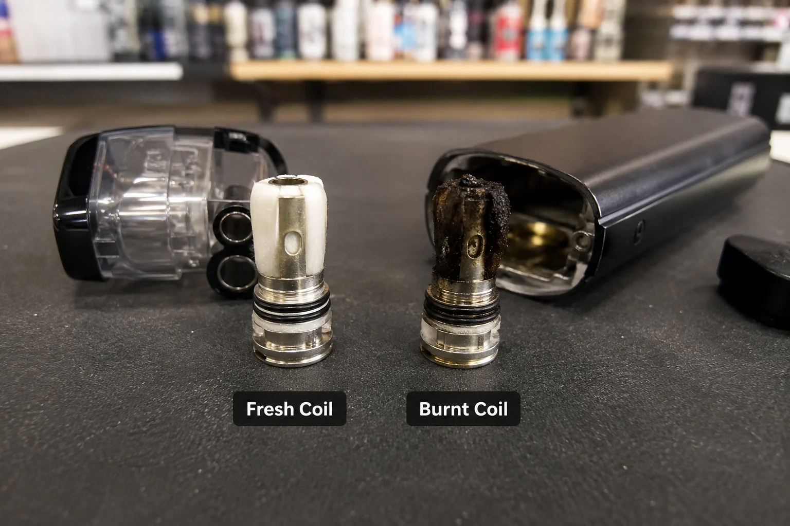 Fresh vs. Burnt Vape Coil A close-up diagram showing a fresh coil vs. a burnt, carbonized coil