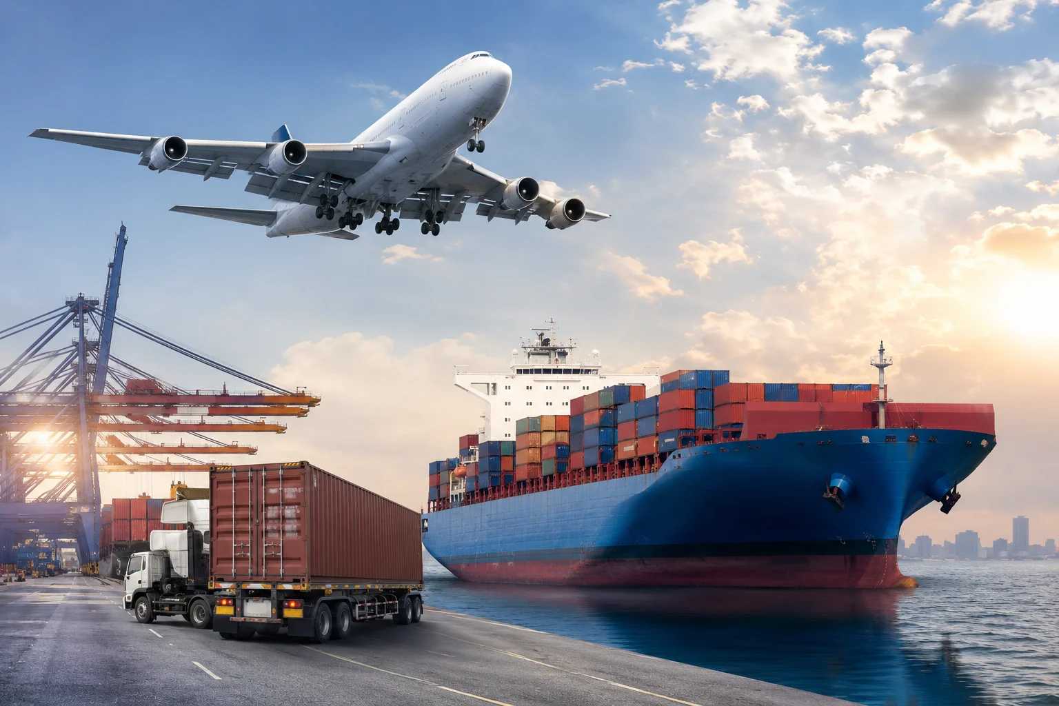 Cargo plane flying over a shipping dock with a container truck and cargo ship during sunset, representing global logistics operations.