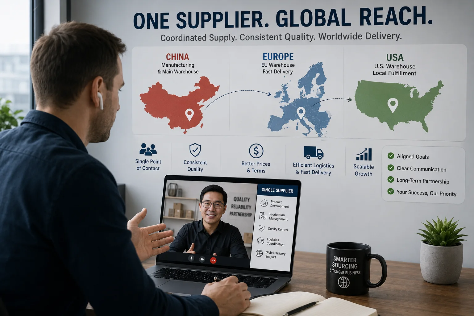 A person on a video call with a supplier, with maps of China, EU, and US in the background
