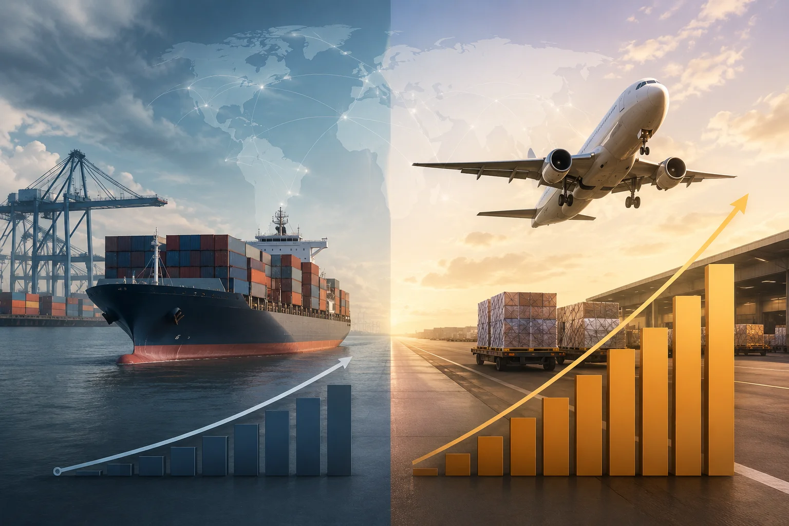 Shipping Speed vs. Profit Margin A container ship and a cargo plane representing slow vs fast shipping