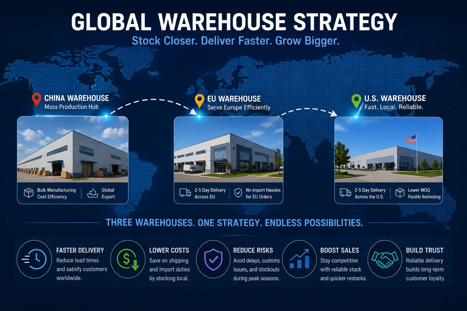 Visual showcasing global warehouse strategy with China, EU, and U.S. locations for quick delivery. Highlights benefits like faster delivery, lower costs, reduced risks, boosting sales, and building trust.