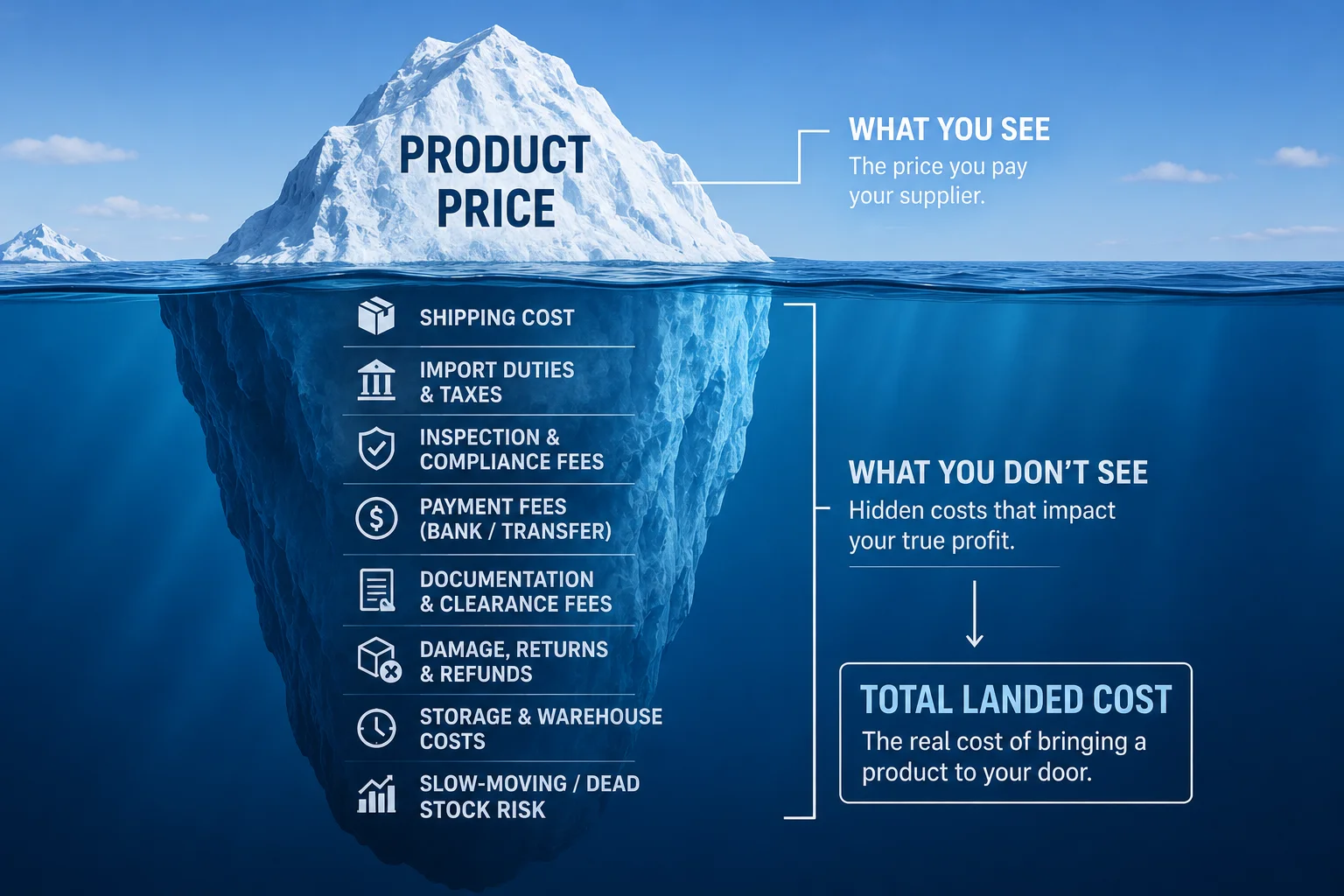 Total Landed Cost Hidden Fees An iceberg showing the product price on top and hidden costs underneath