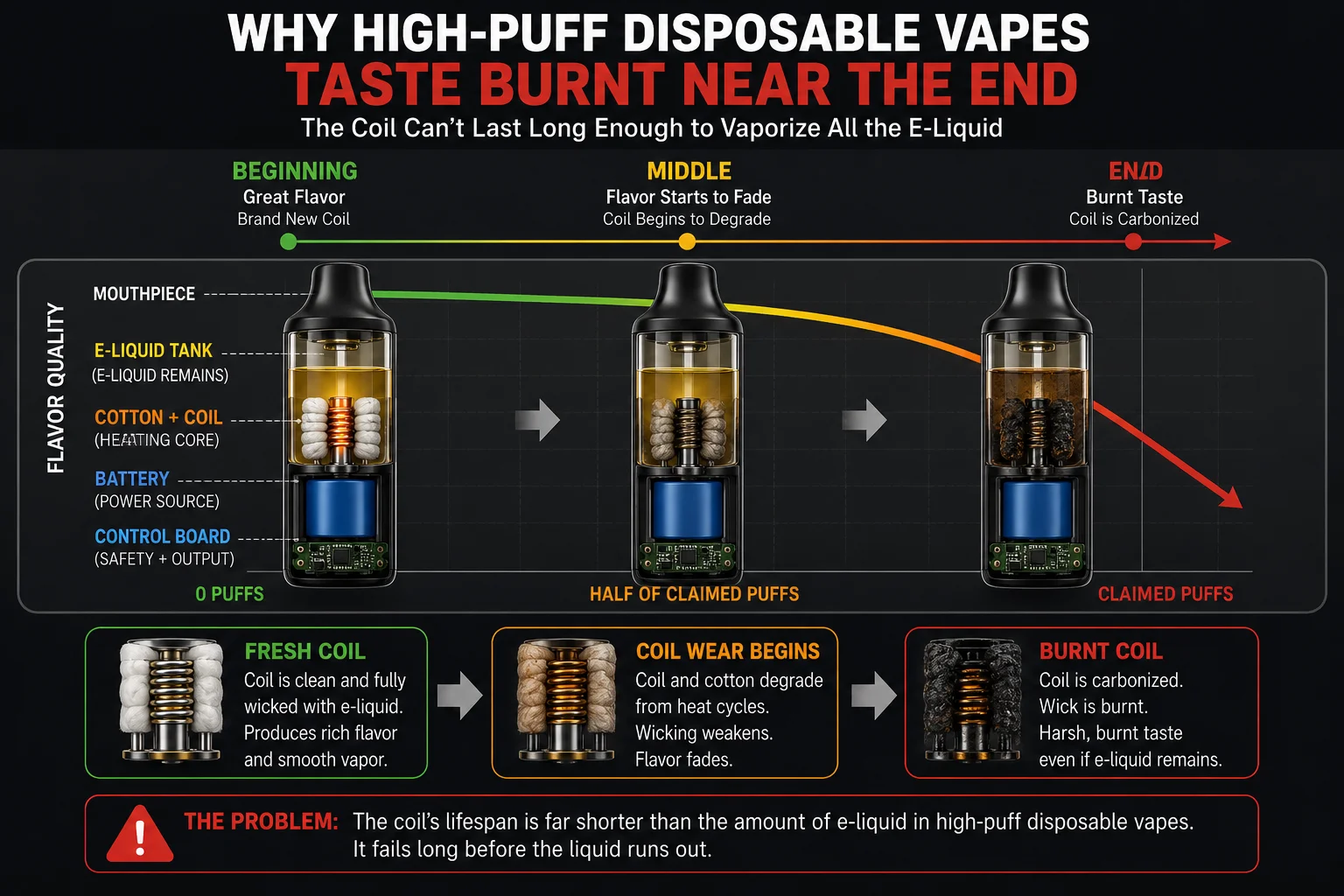 Vape Flavor Degradation Timeline A graphic illustrating a vape's timeline: great taste at the beginning, burnt taste at the end