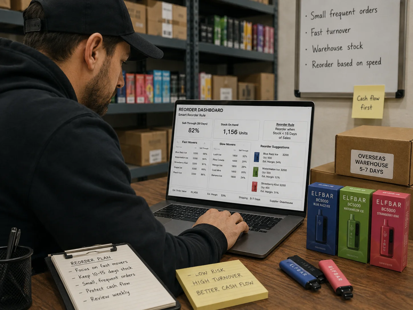 A small business owner managing their vape inventory on a laptop