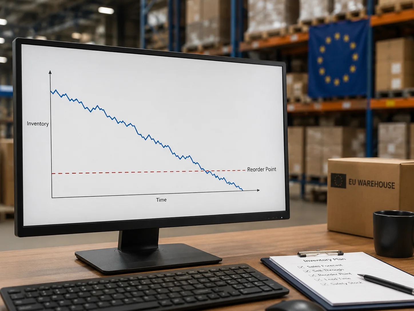 Tracking Sell-Through Speed for Reordering A chart showing a declining inventory line and a reorder point marker
