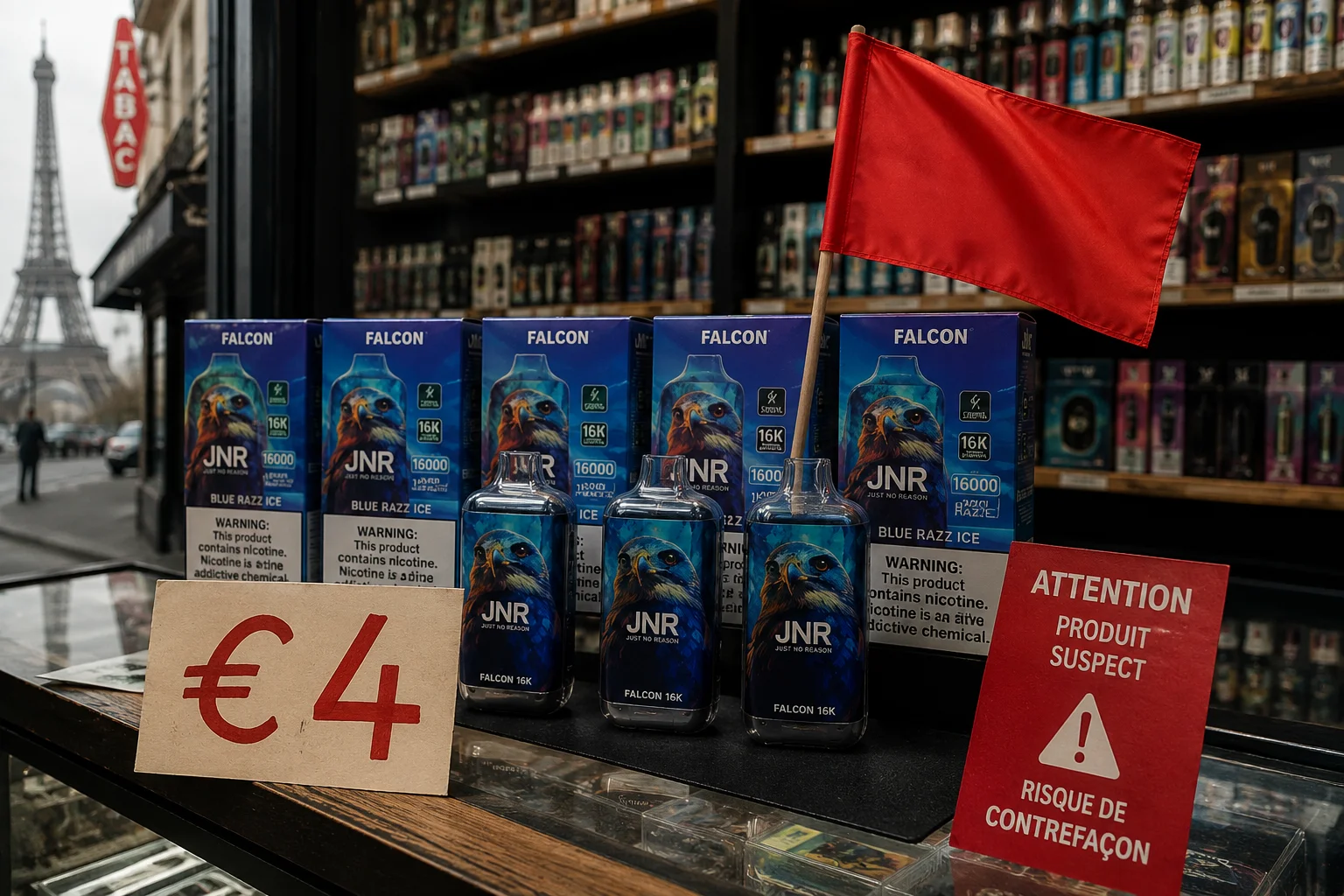 A large red flag waving over a pile of vape products.