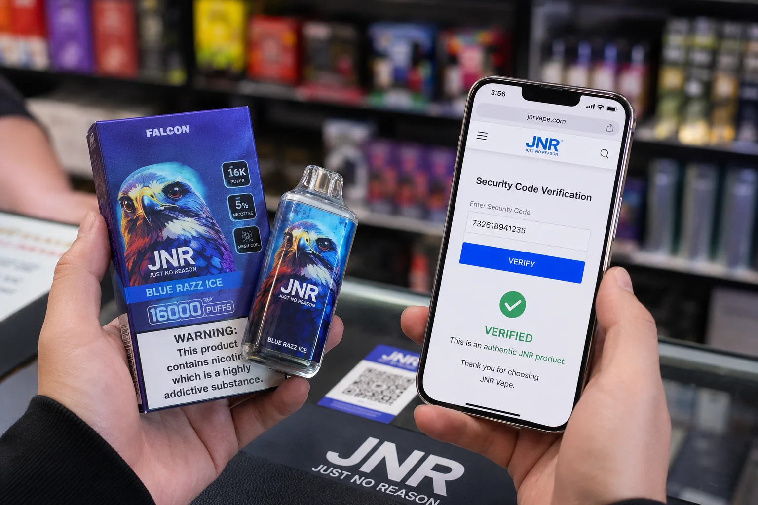 A person scanning a vape's QR code with their phone, which directs to the official brand website.