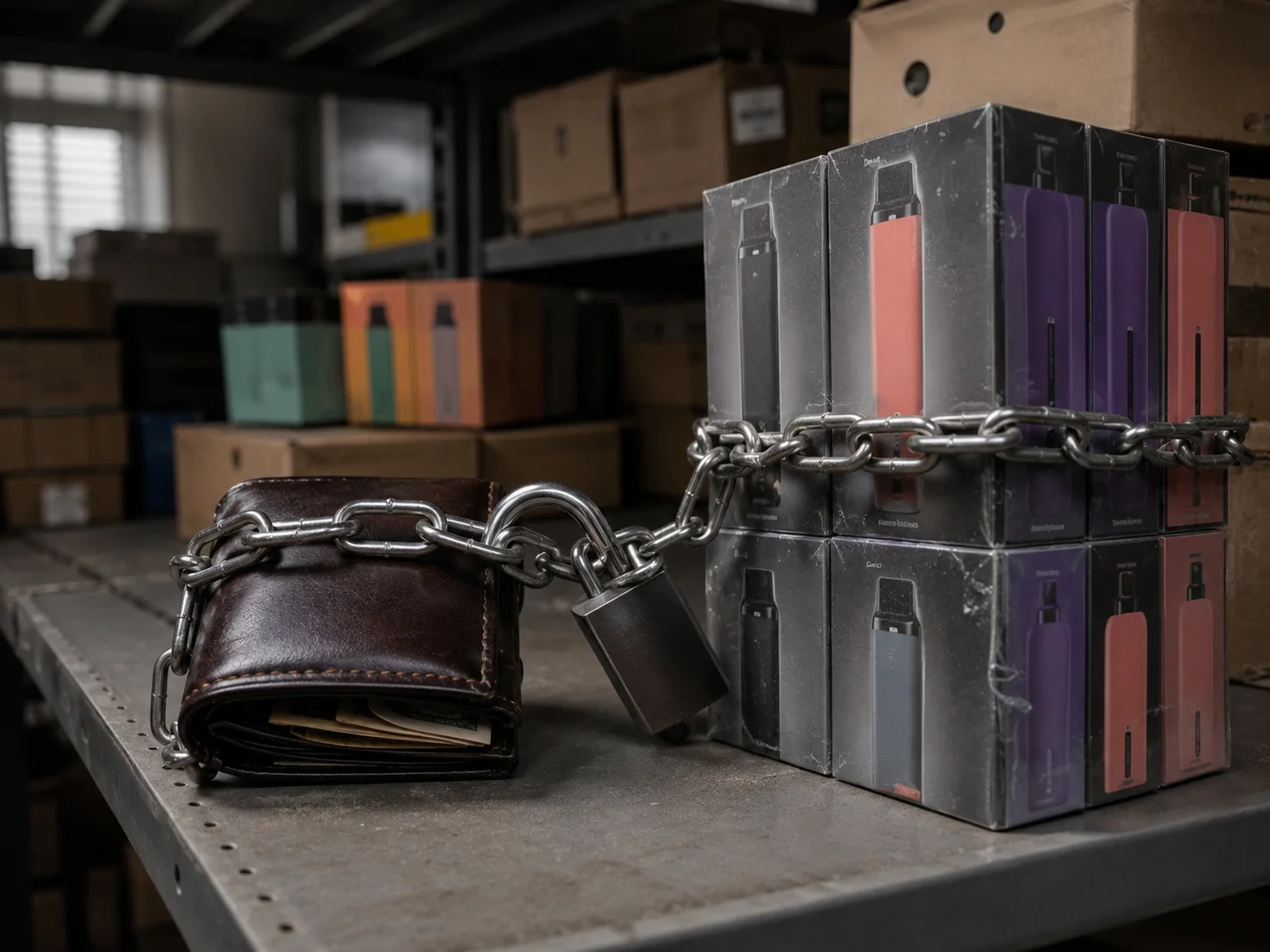 A wallet chained to a stack of unsold product boxes
