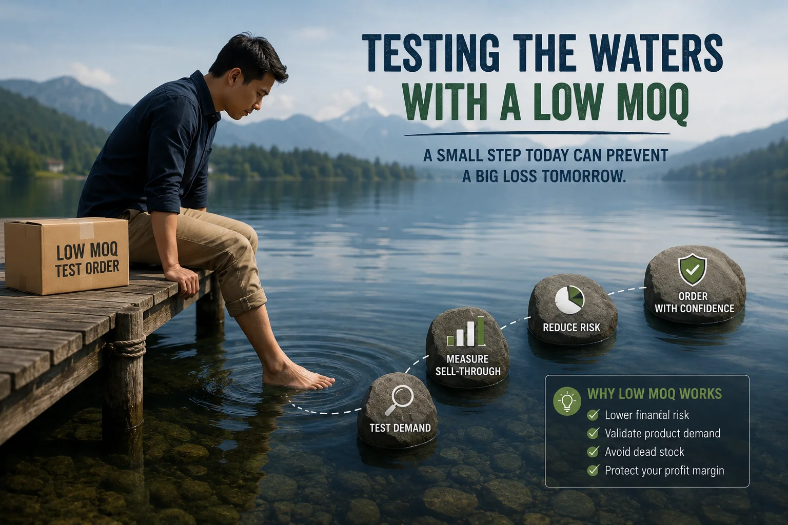 Testing the Waters with a Low MOQ A person cautiously dipping their toe into the water