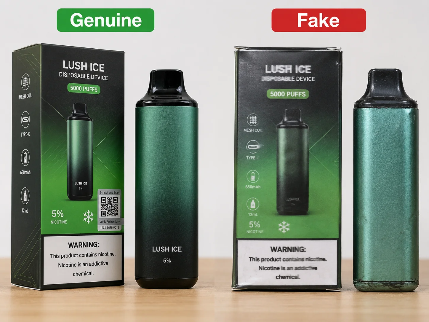 A side-by-side comparison of a genuine vape and a fake one