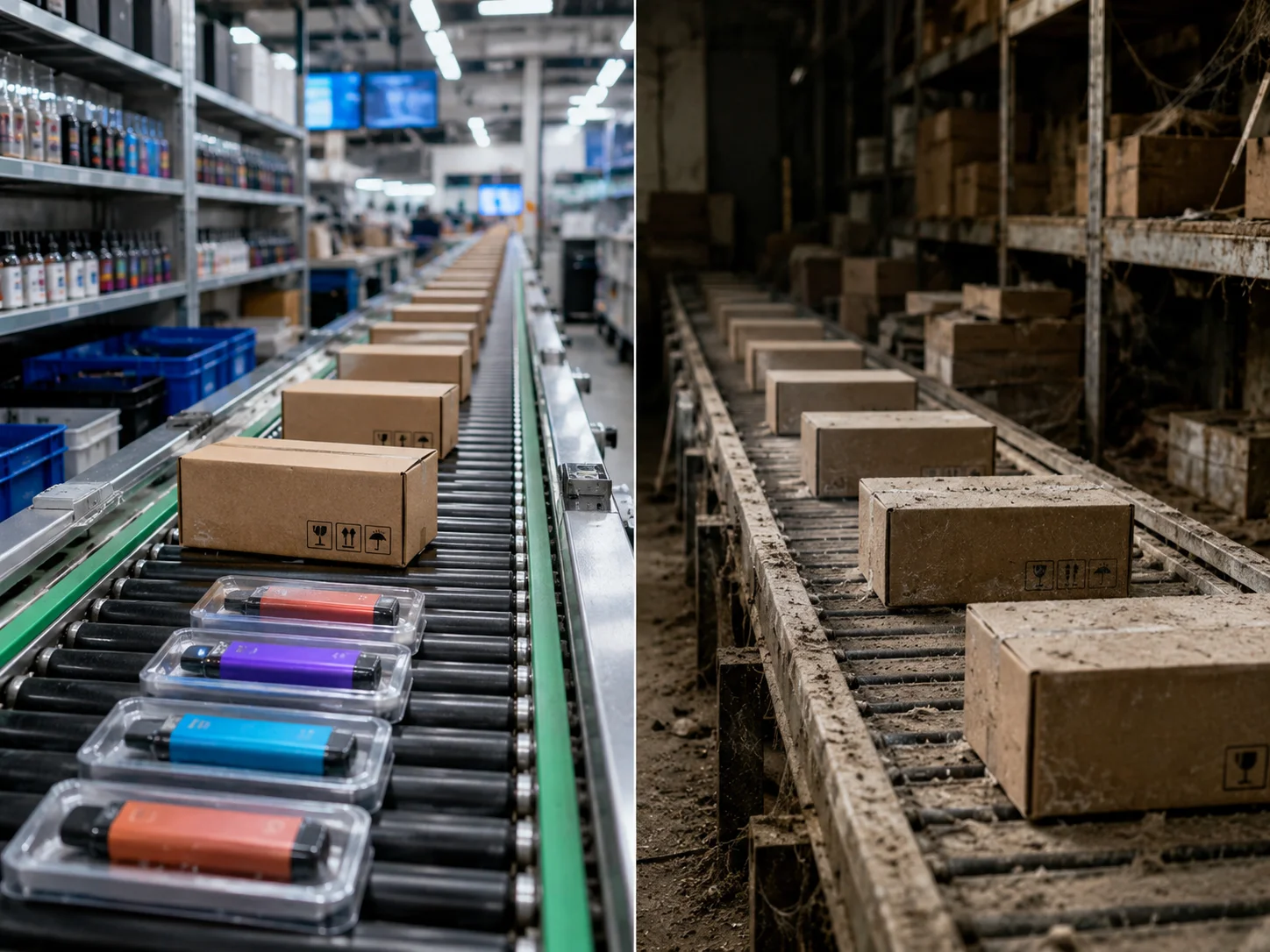 A fast-moving conveyor belt of products versus a slow, dusty one