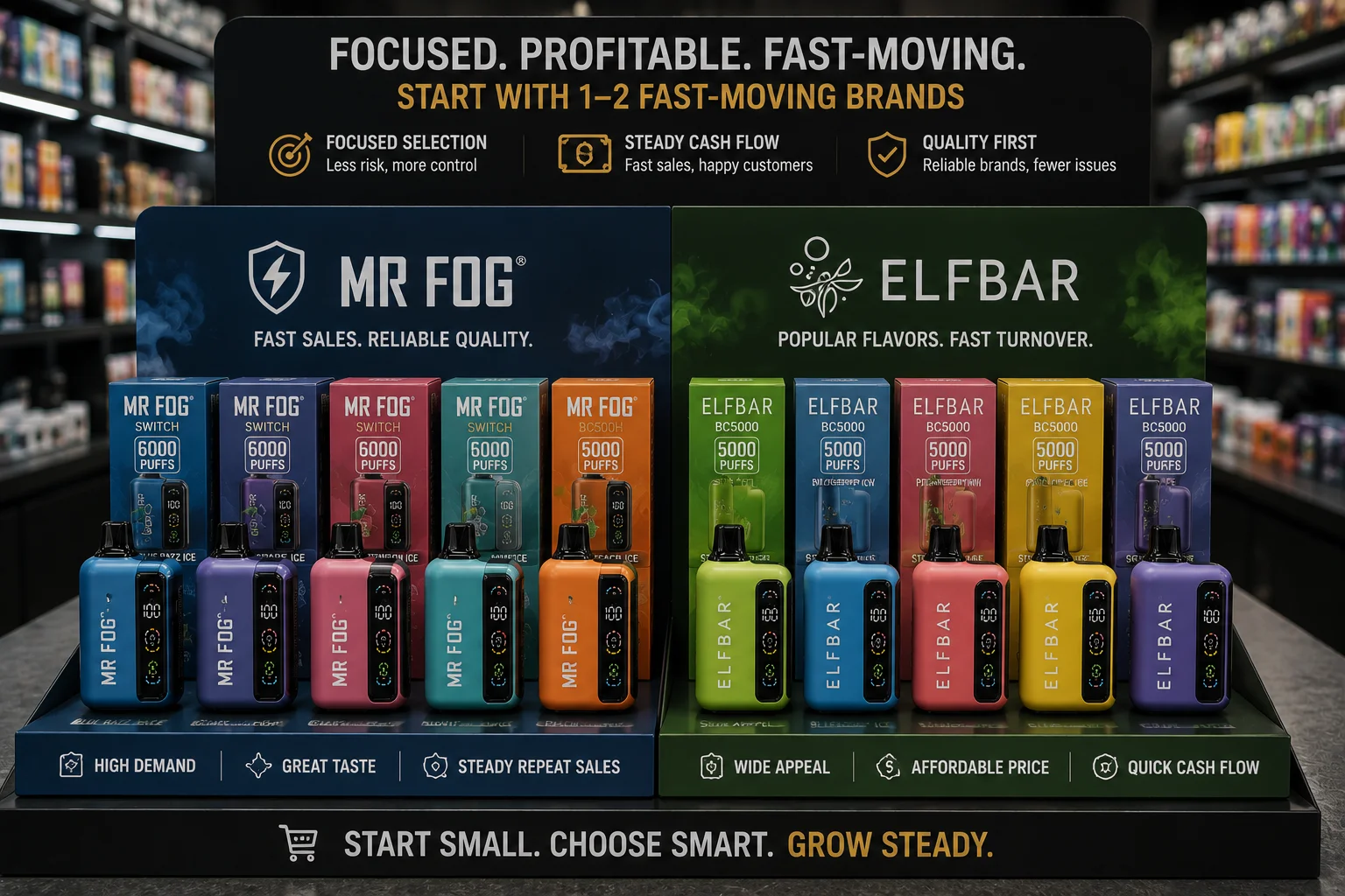 A focused selection of two fast-moving vape brands