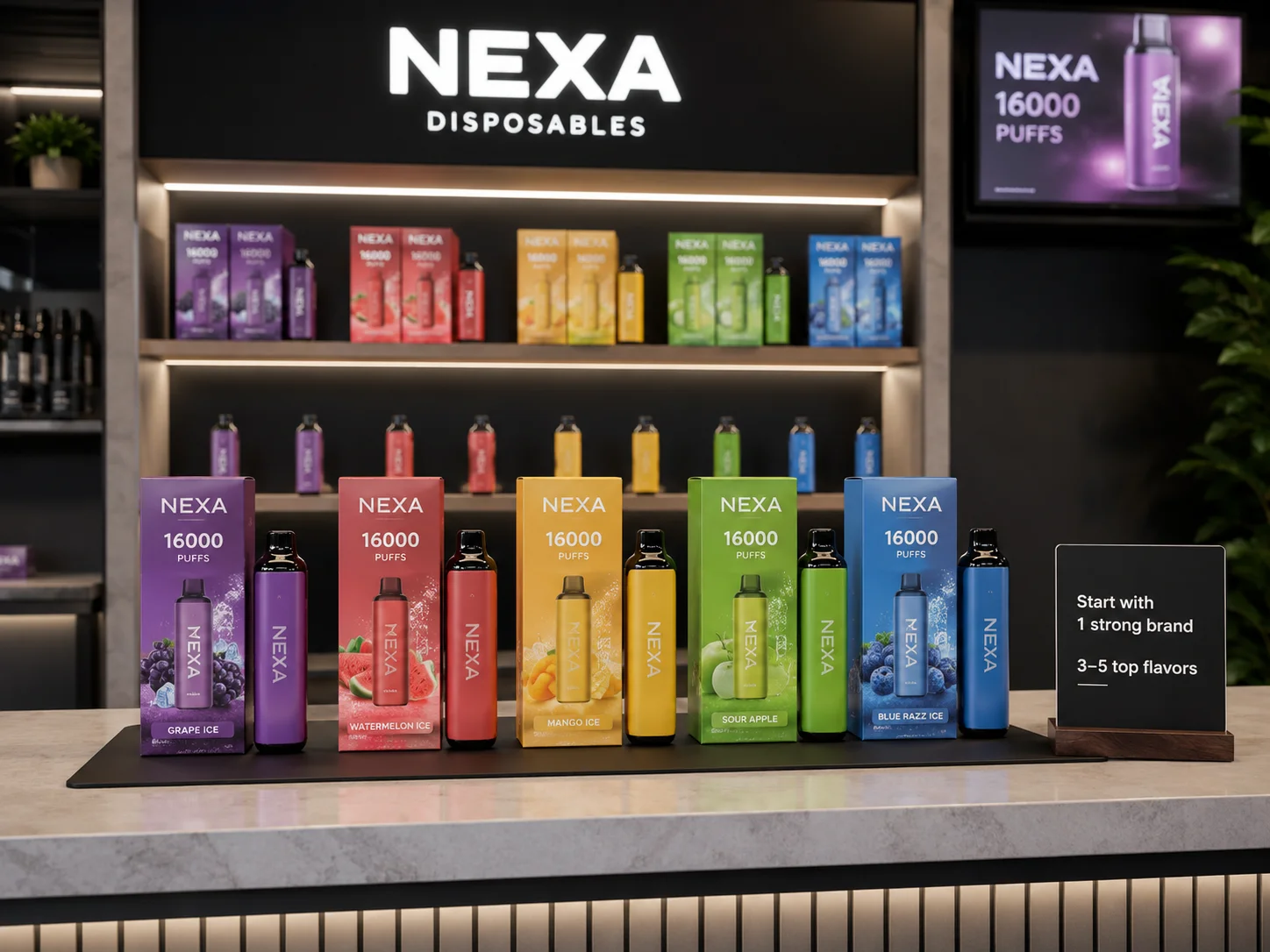 Display of Nexa disposable vape products featuring 16000 puffs in flavors like grape ice, watermelon ice, mango ice, sour apple, and blue razz ice.