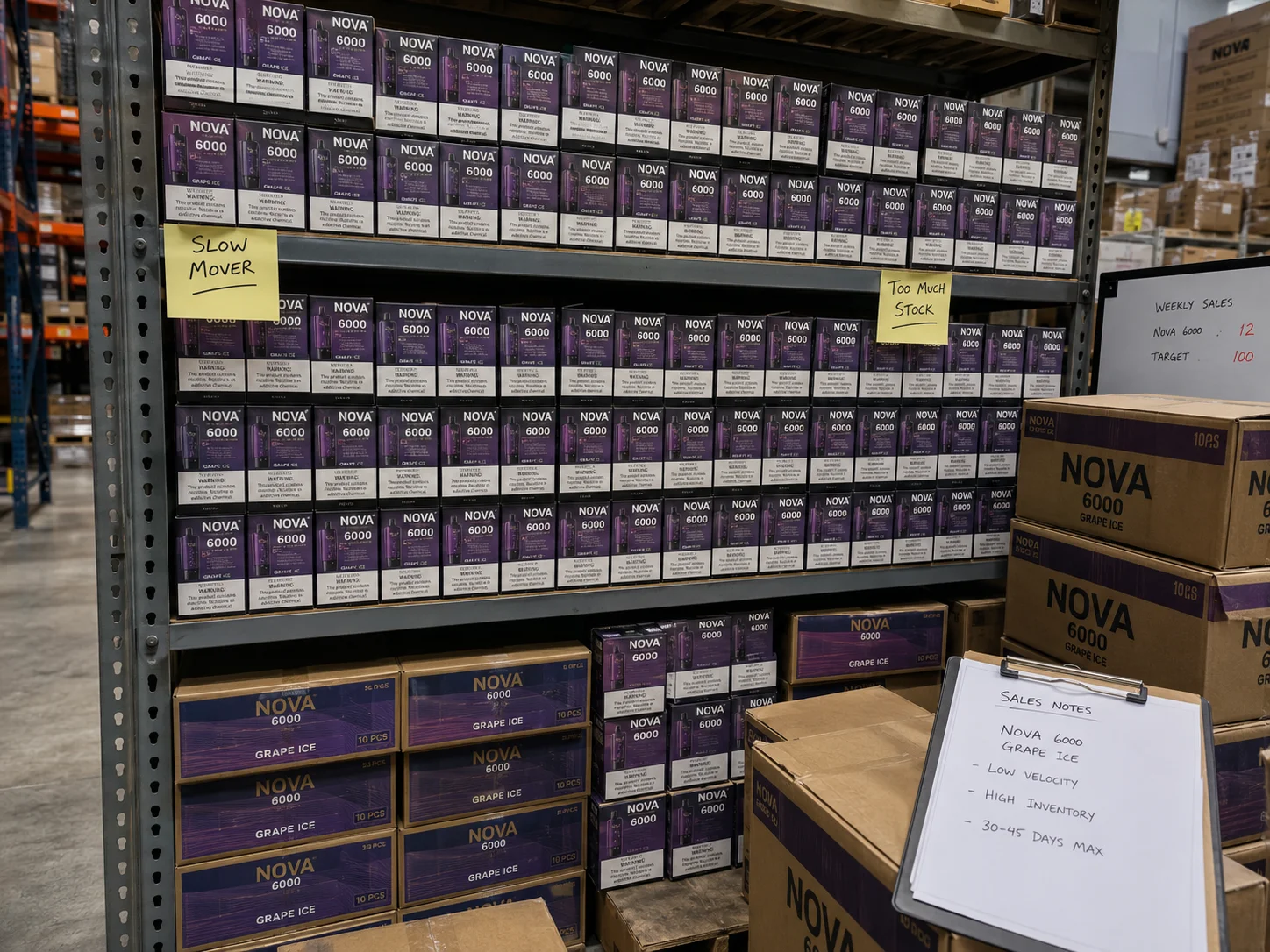 A warehouse shelf overflowing with boxes of one brand