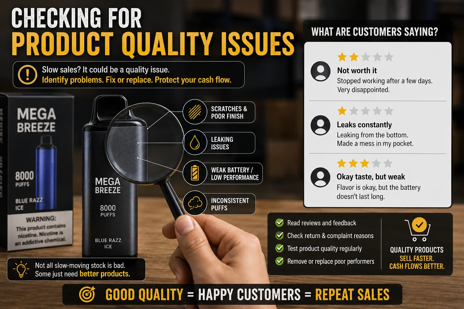 A magnifying glass over a vape product next to a customer review icon