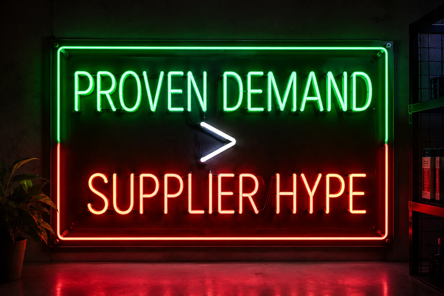 A neon sign that says "Proven Demand > Supplier Hype"