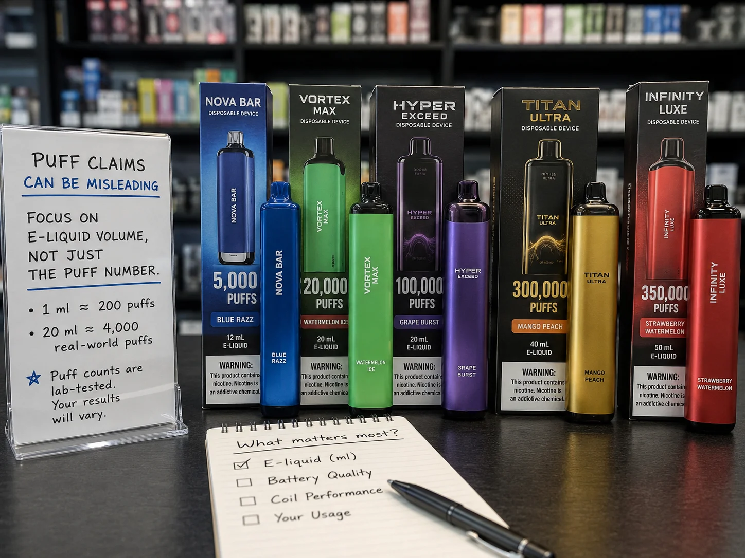 A variety of disposable vapes with different puff count claims