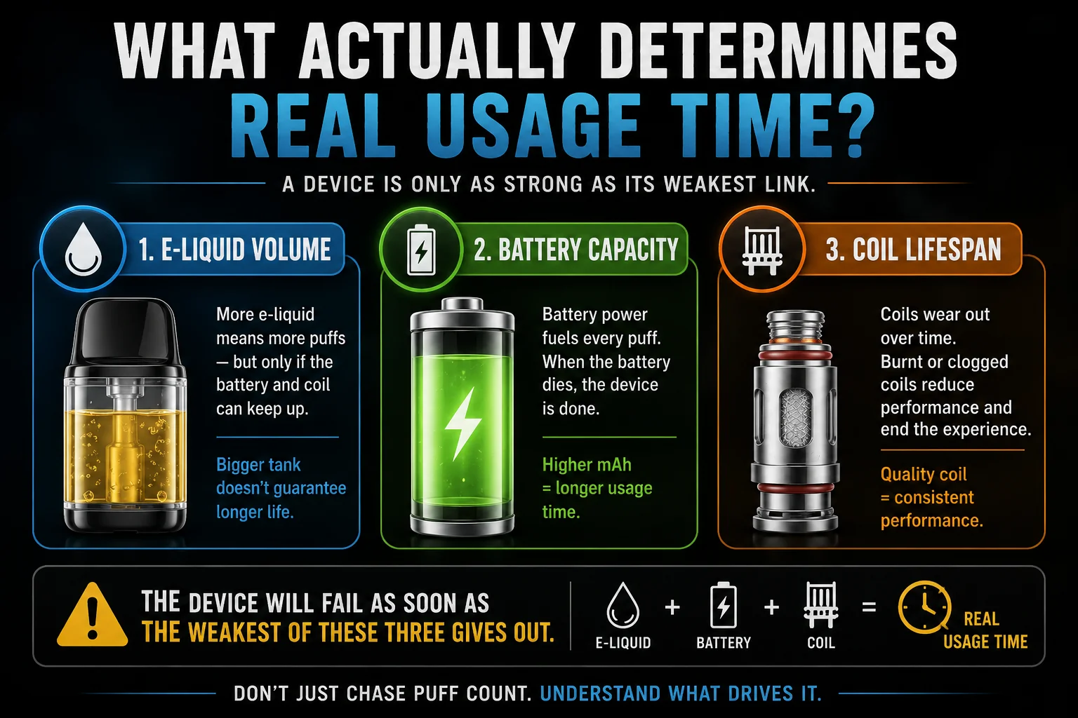 An infographic showing e-liquid, battery, and coil as the three main factors