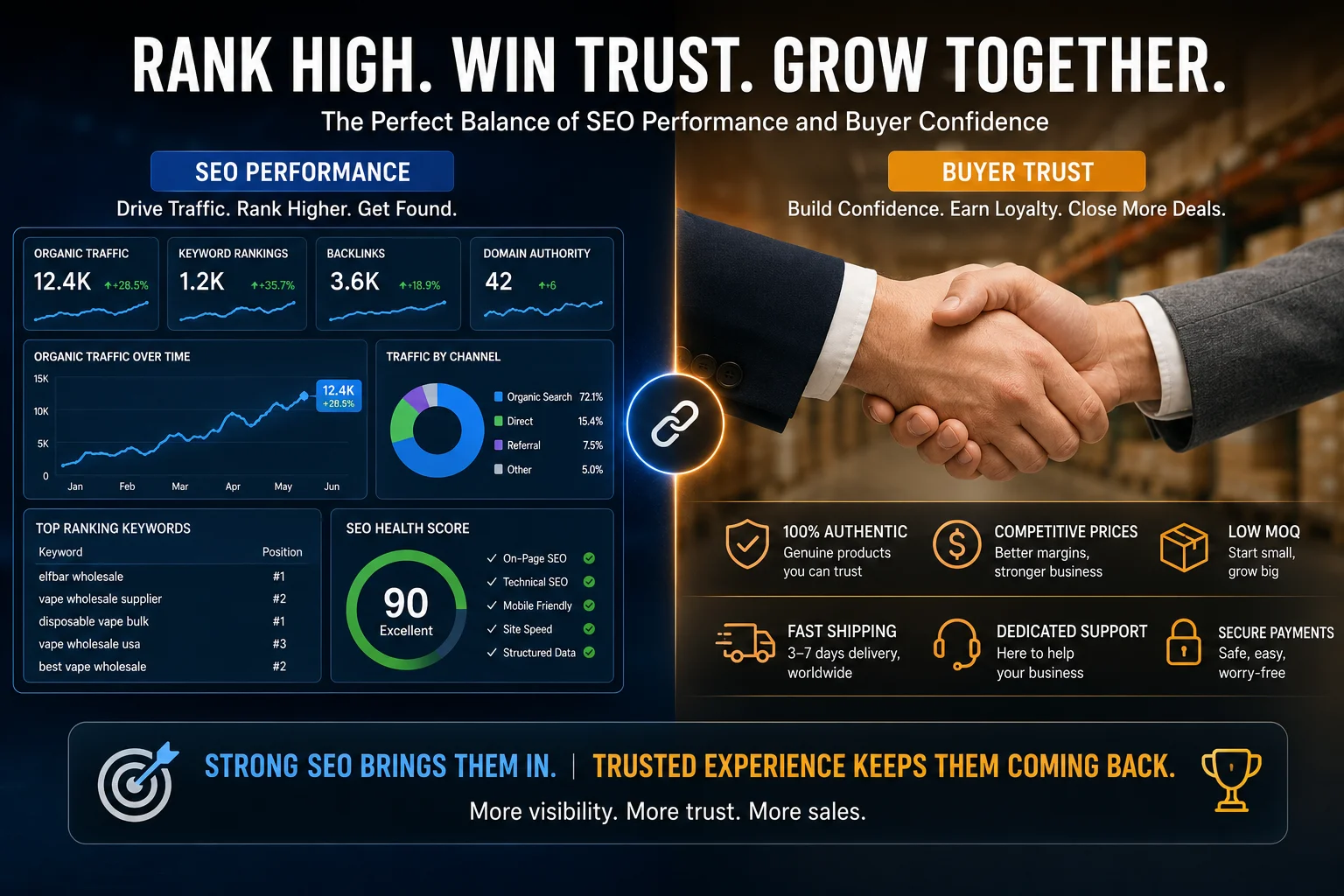 SEO metrics on one side and a handshake on the other