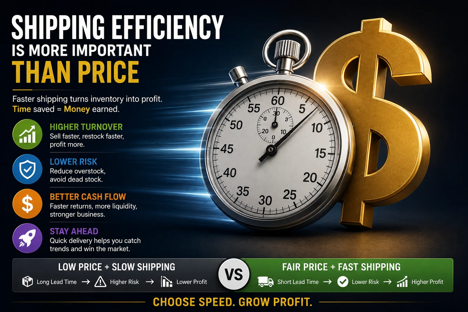 Shipping Efficiency is More Important Than Price A stopwatch layered over a dollar sign