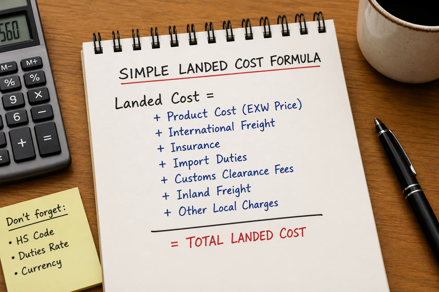 A notepad with a simple landed cost formula written on it