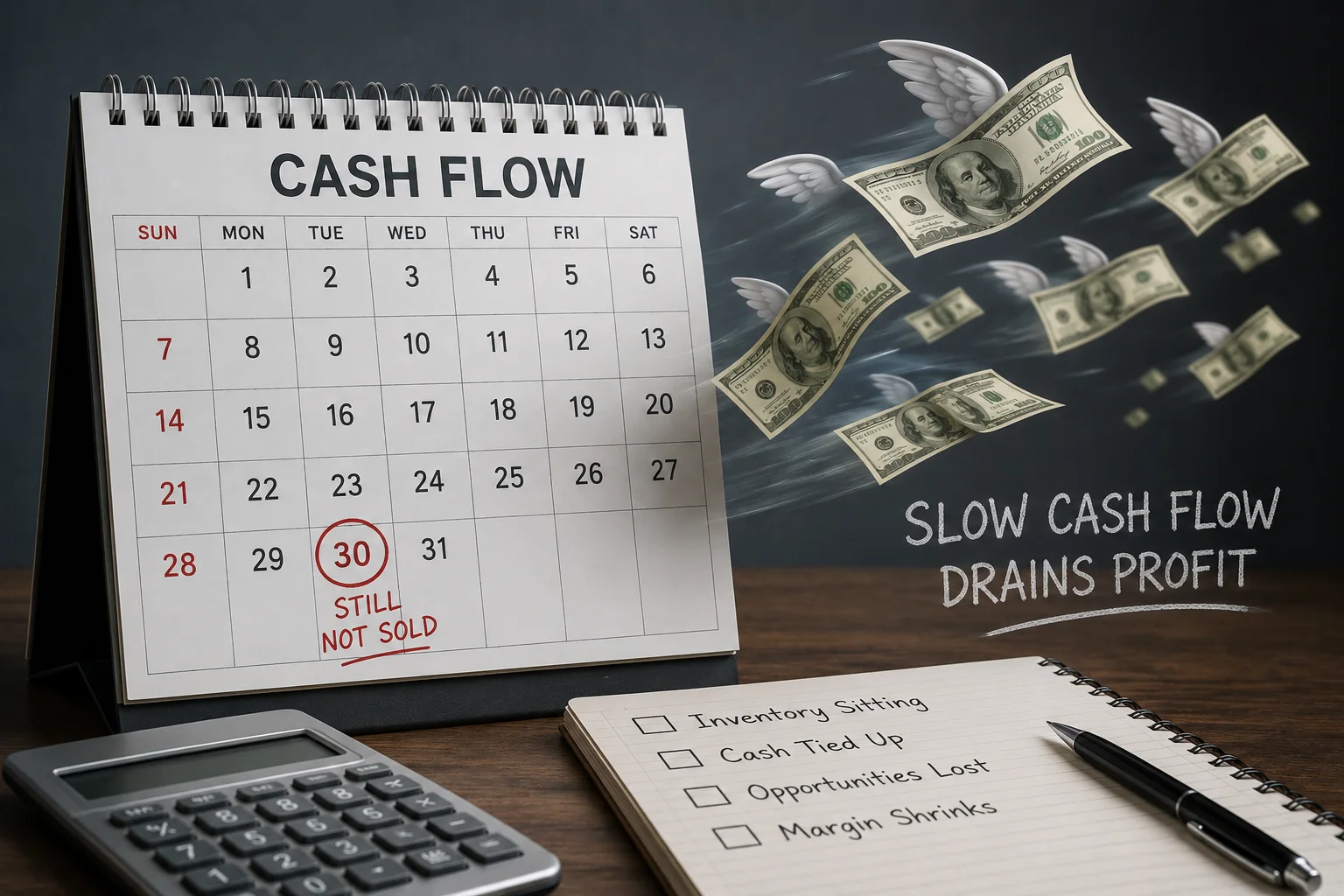Slow Cash Flow Drains Profit A calendar with money flying away, symbolizing slow cash flow