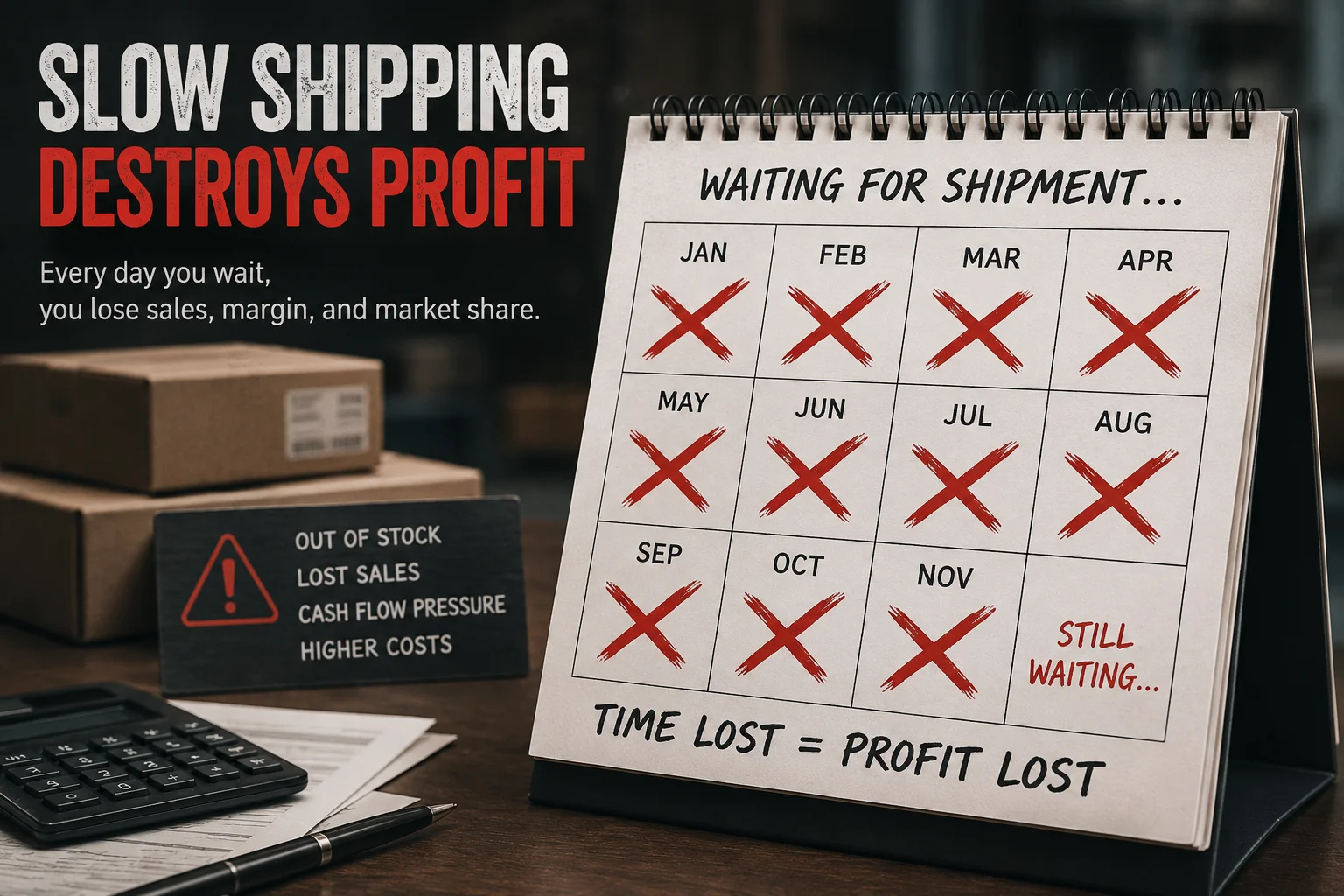 Slow Shipping Destroys Profit A calendar with months crossed out representing waiting for a shipment