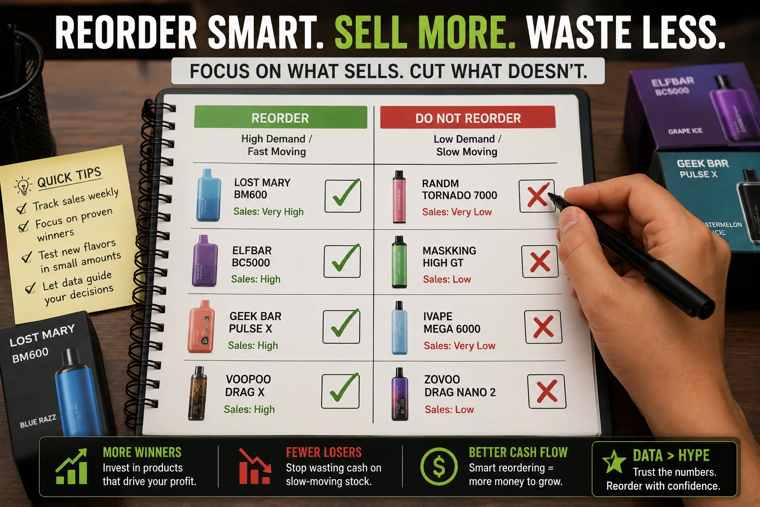 A hand putting a checkmark next to a popular product on a list, and an X next to a weak one