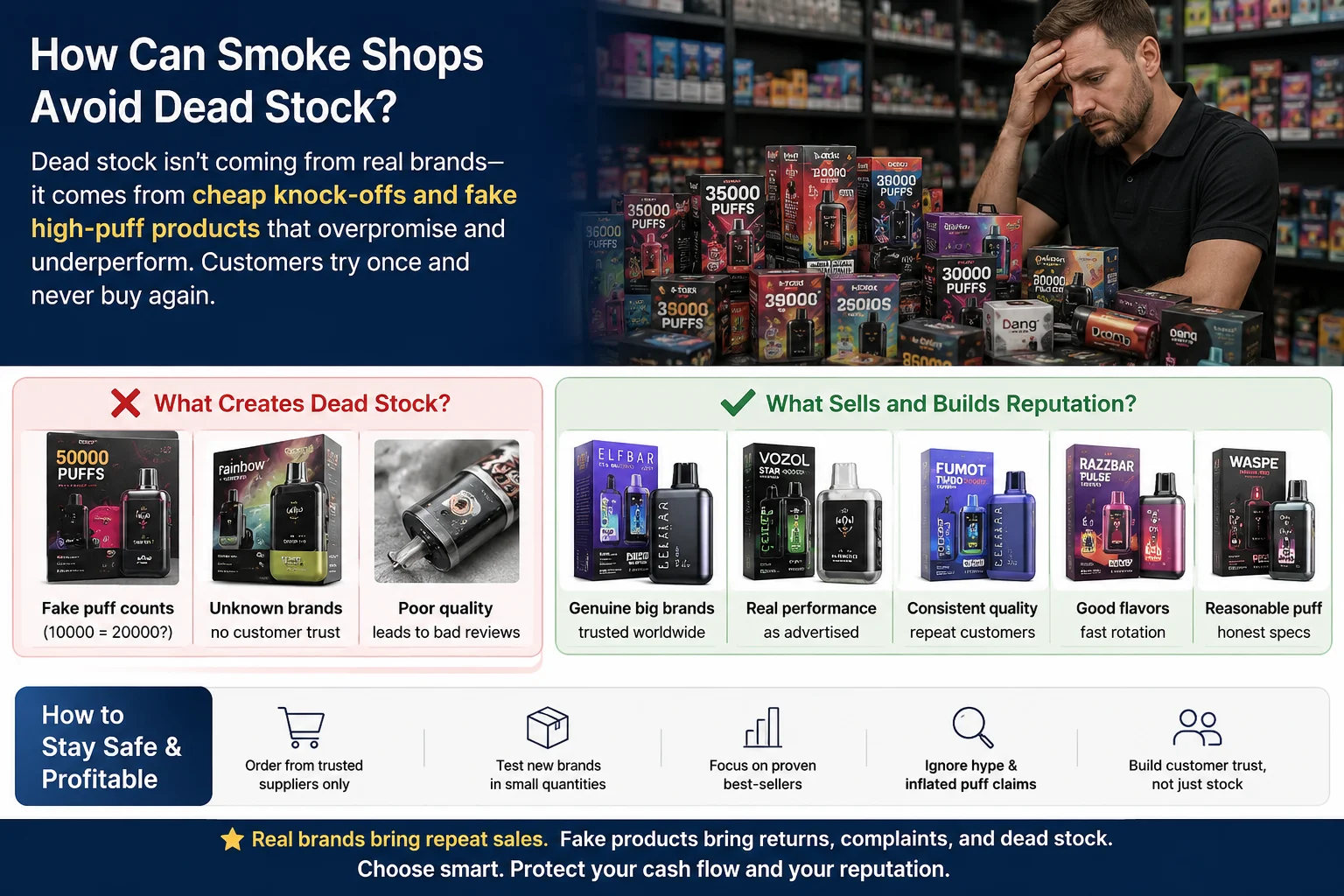 A shop owner looking worriedly at unsold vape inventory