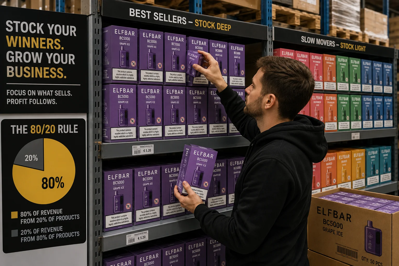 Man arranging Elfbar BC5000 Grape Ice products on a 'Best Sellers' shelf in a store. Sign explains 80/20 rule for business.
