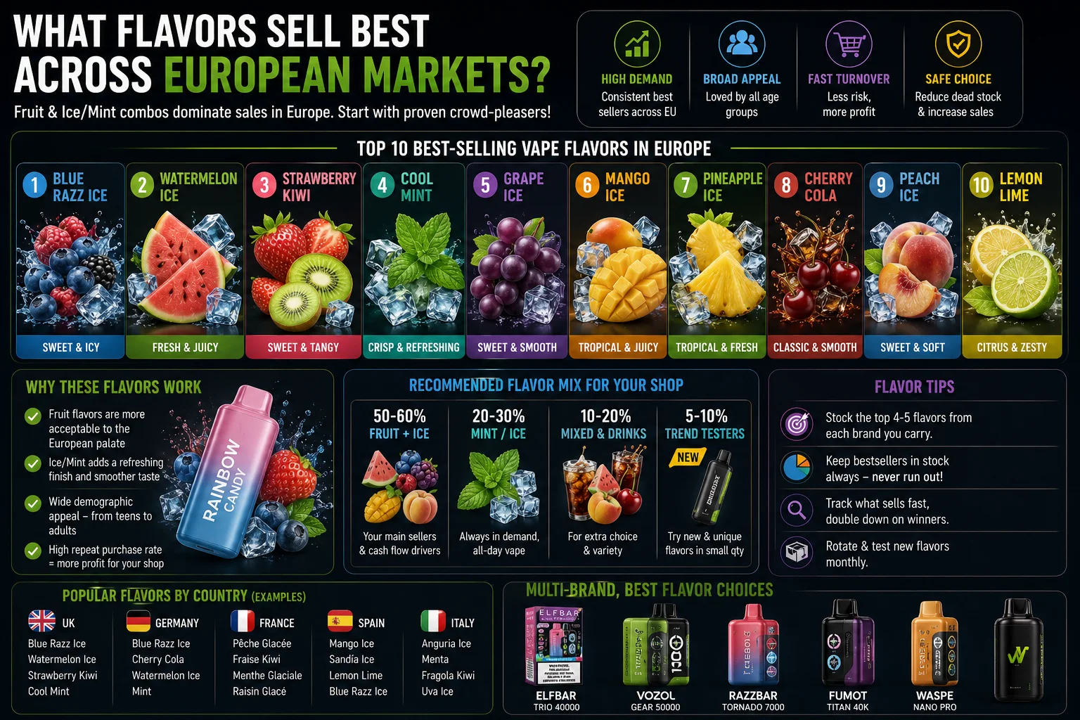 Colorful array of vape flavors like fruit and mint