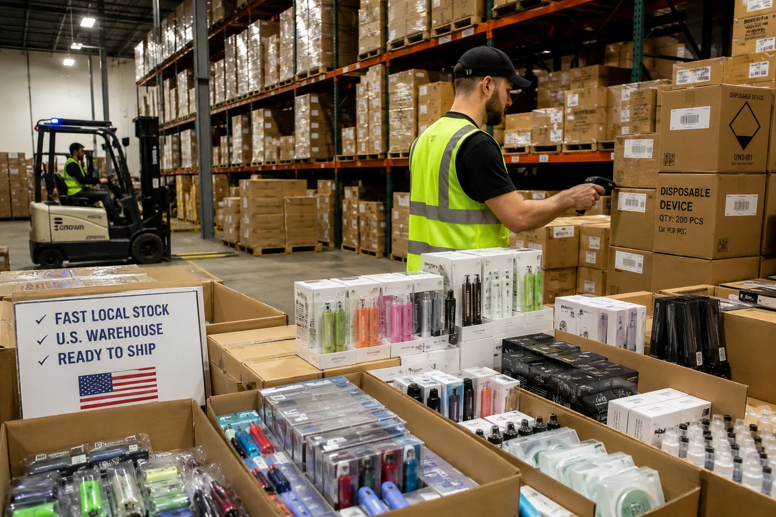 Worker scanning inventory in a U.S. warehouse filled with vape supplies, including disposable devices and accessories. Forklift visible.