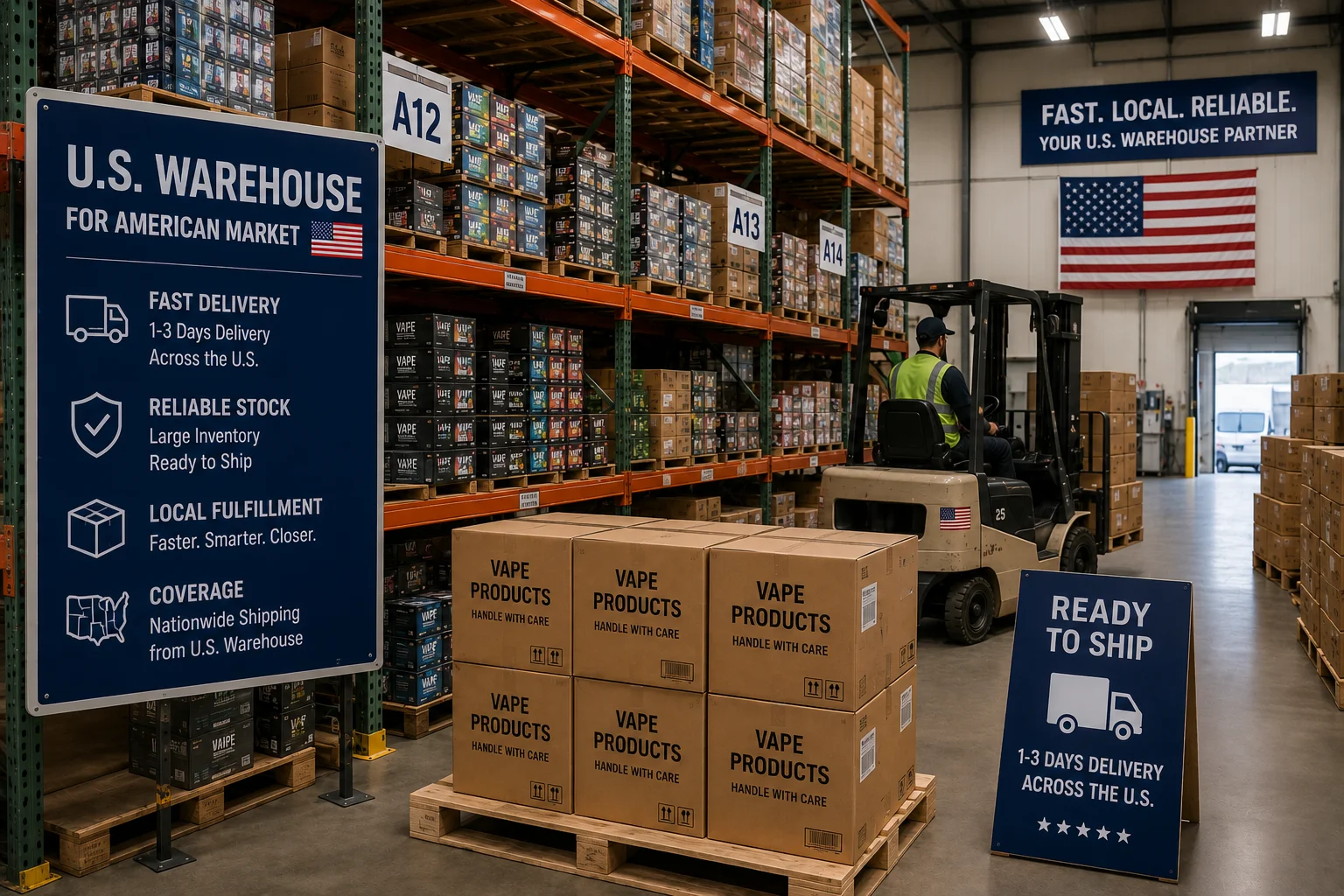 A warehouse in the USA with shelves of products