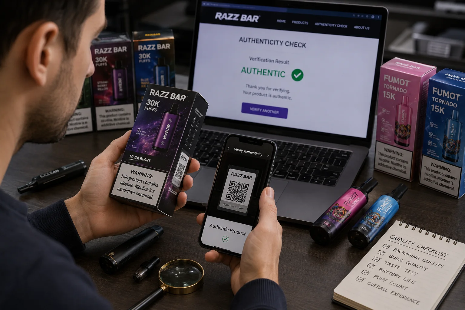 A person closely inspecting the packaging and QR code on a vape box.