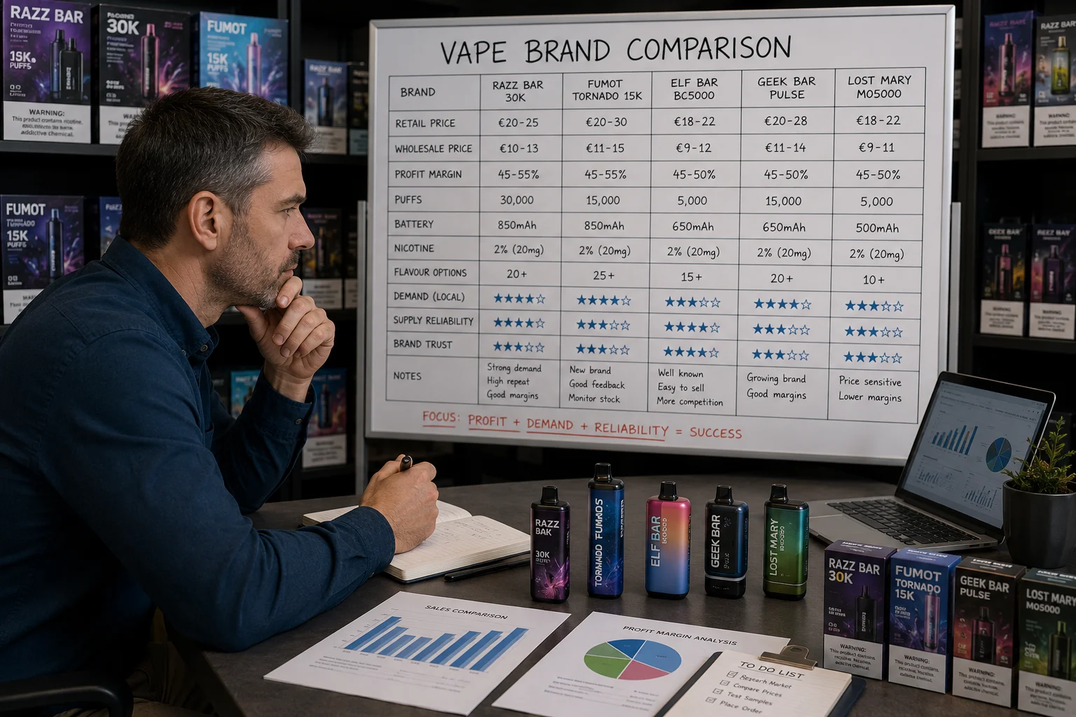 A wholesaler looking thoughtfully at a chart comparing different vape brands.