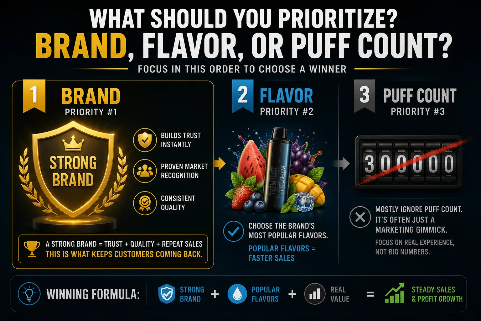 An image showing Brand, Flavor, and Puff Count icons, with Brand being the largest