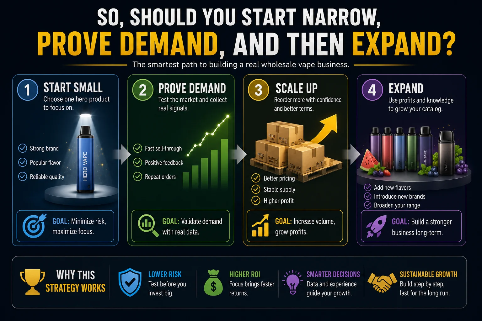 A diagram showing the steps: Start Small -> Prove Demand -> Scale Up -> Expand