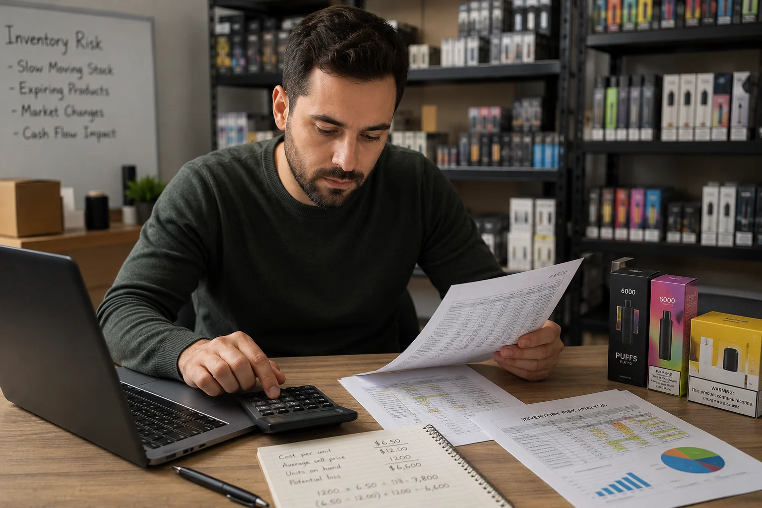 A person using a calculator with vape products in the background