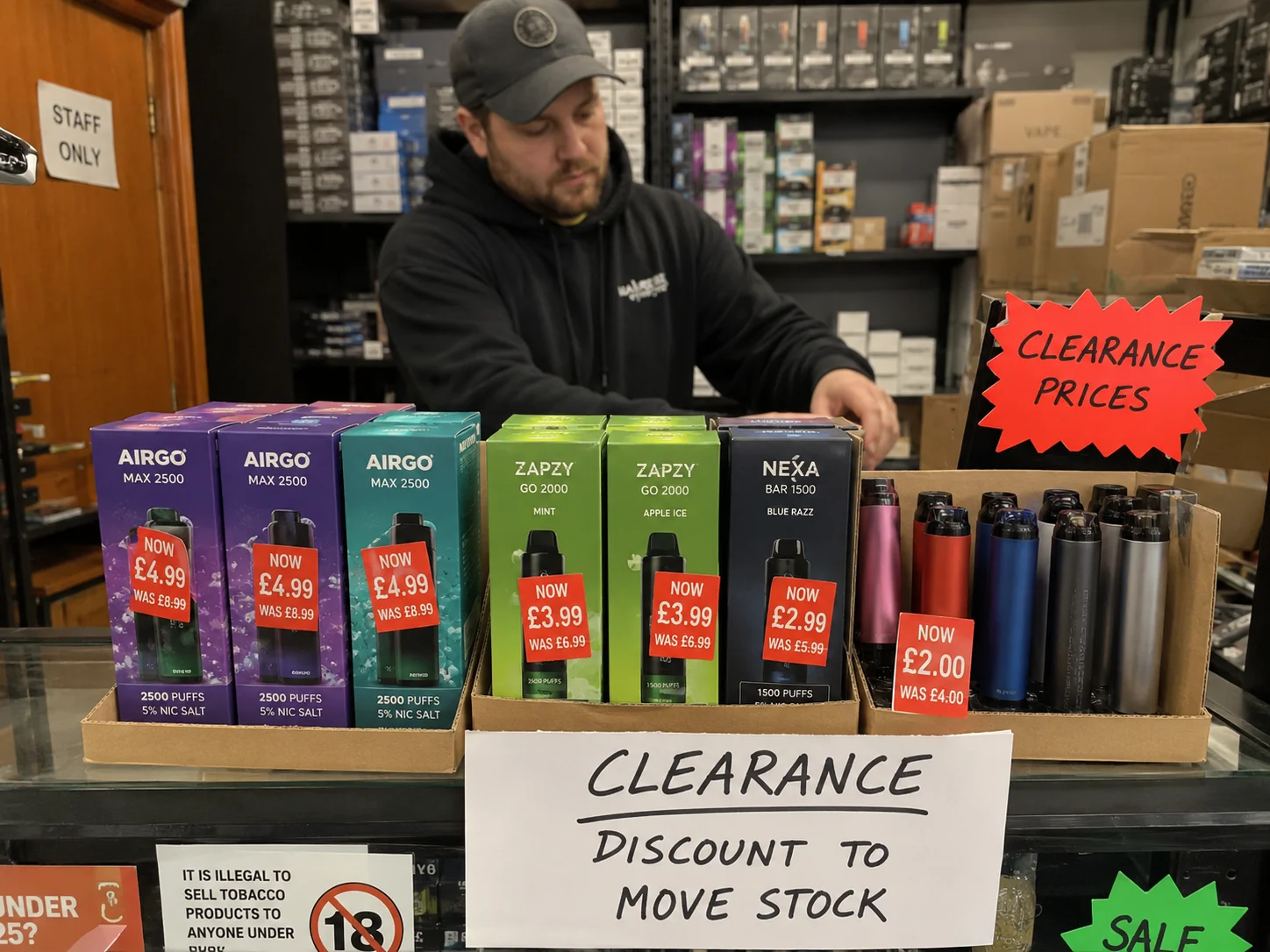 A retail display showcasing vape products, including Airgo, Zapzy, and Nexa brands, on clearance sale with discounted prices.