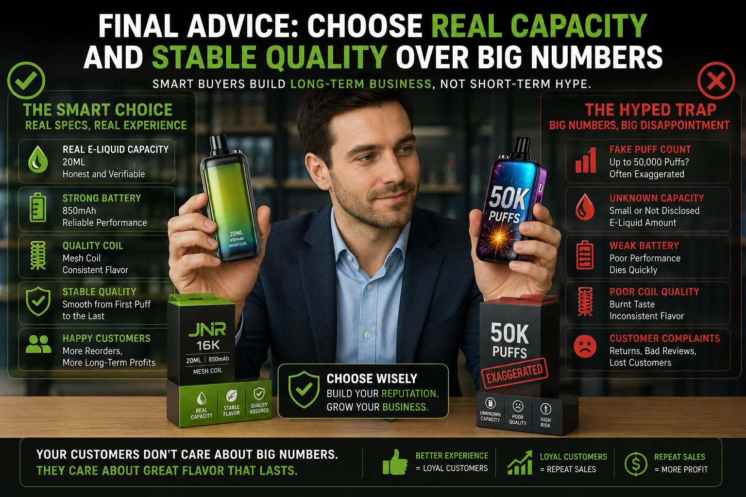 Making the Smart Choice in Vapes A confident business person making a smart choice between a quality vape and a hyped one