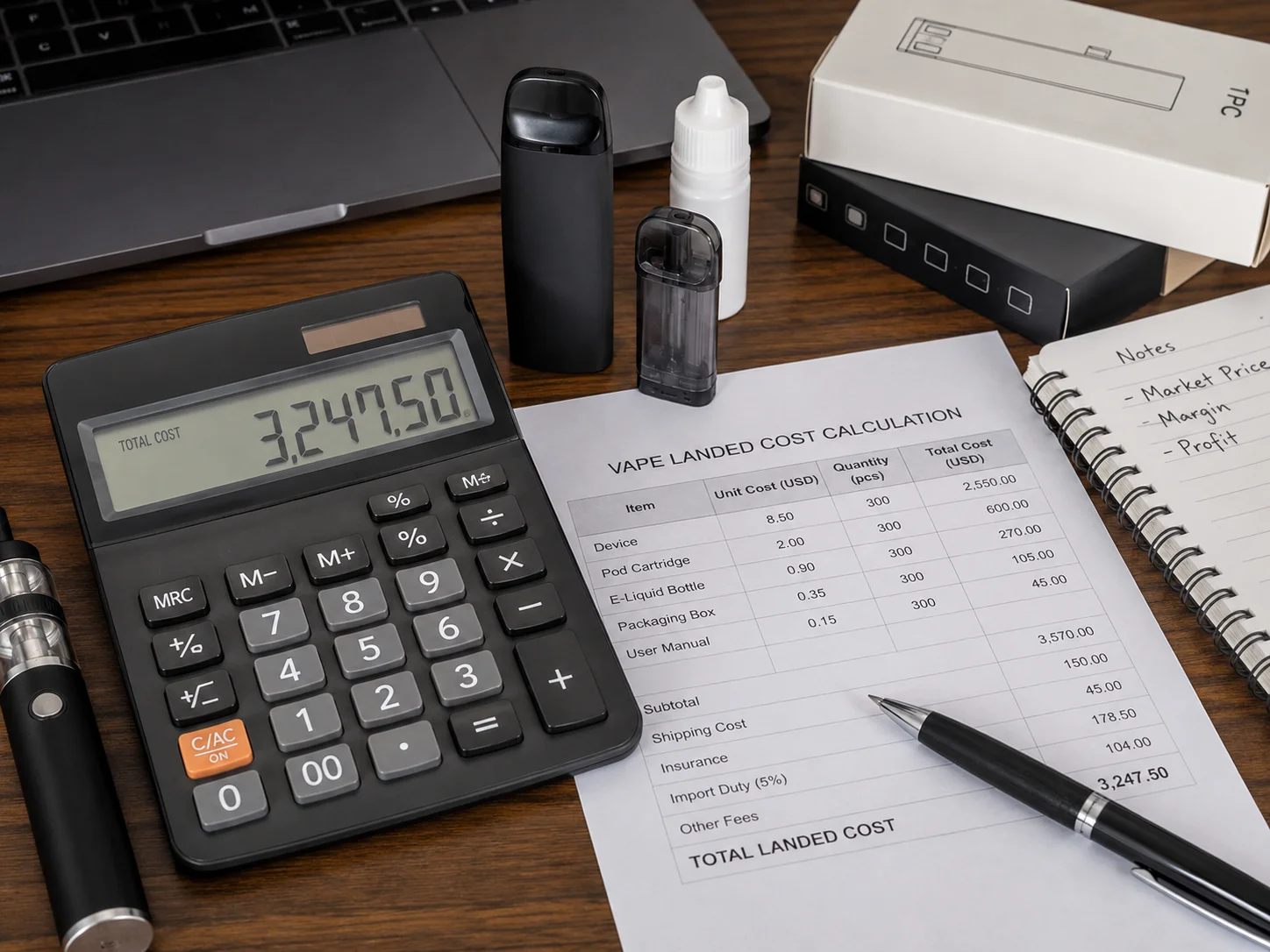 A calculator showing the total cost of vape products