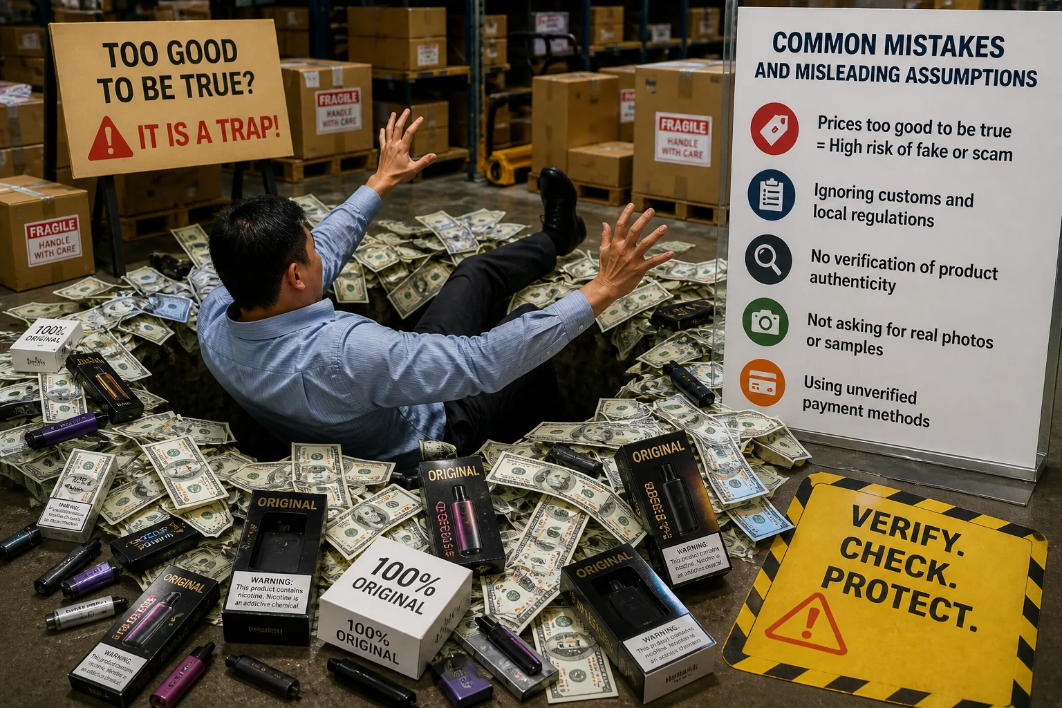 A person falling into a hole disguised as a pile of money