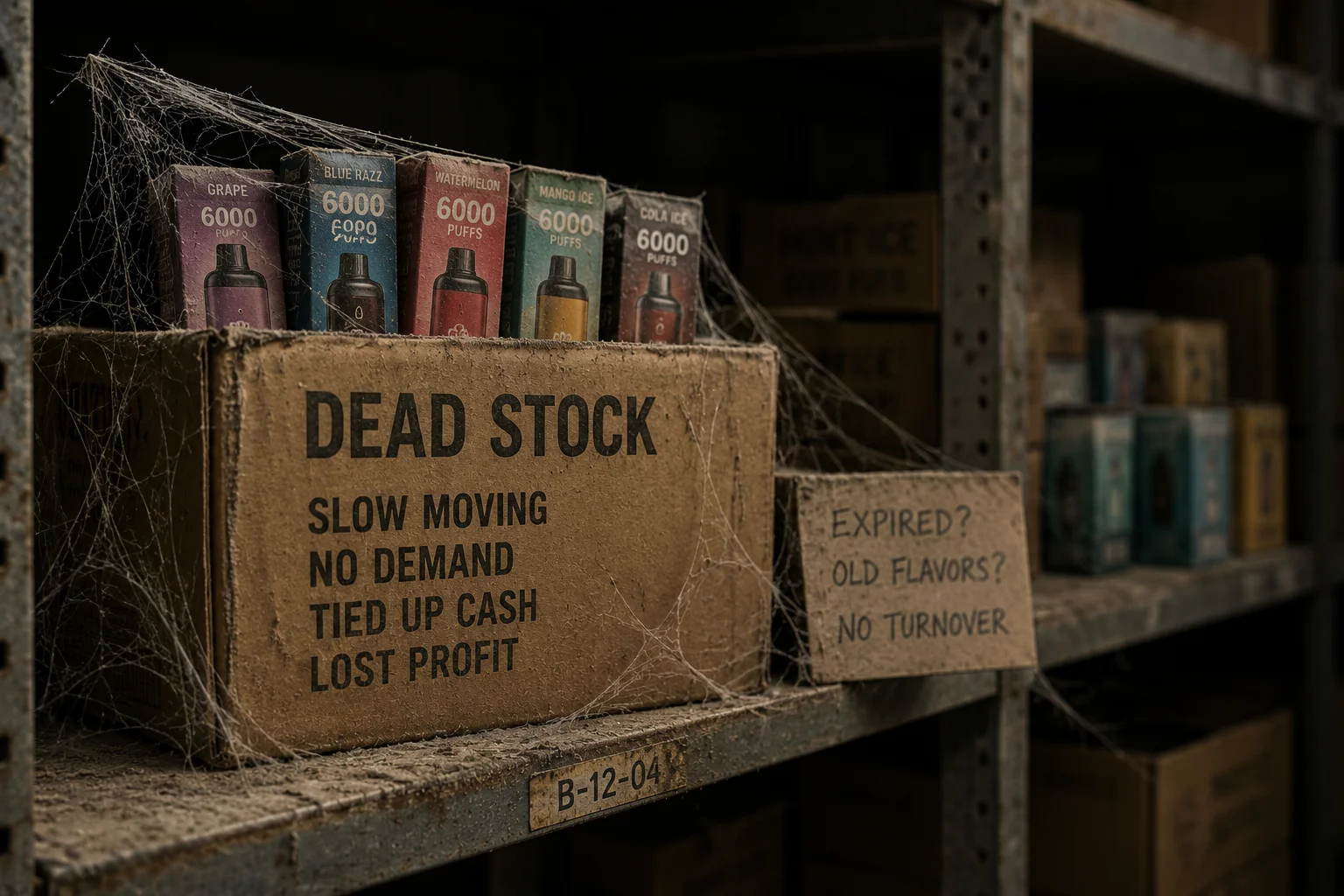 Dead Stock on a Shelf A dusty box of products with a cobweb on it