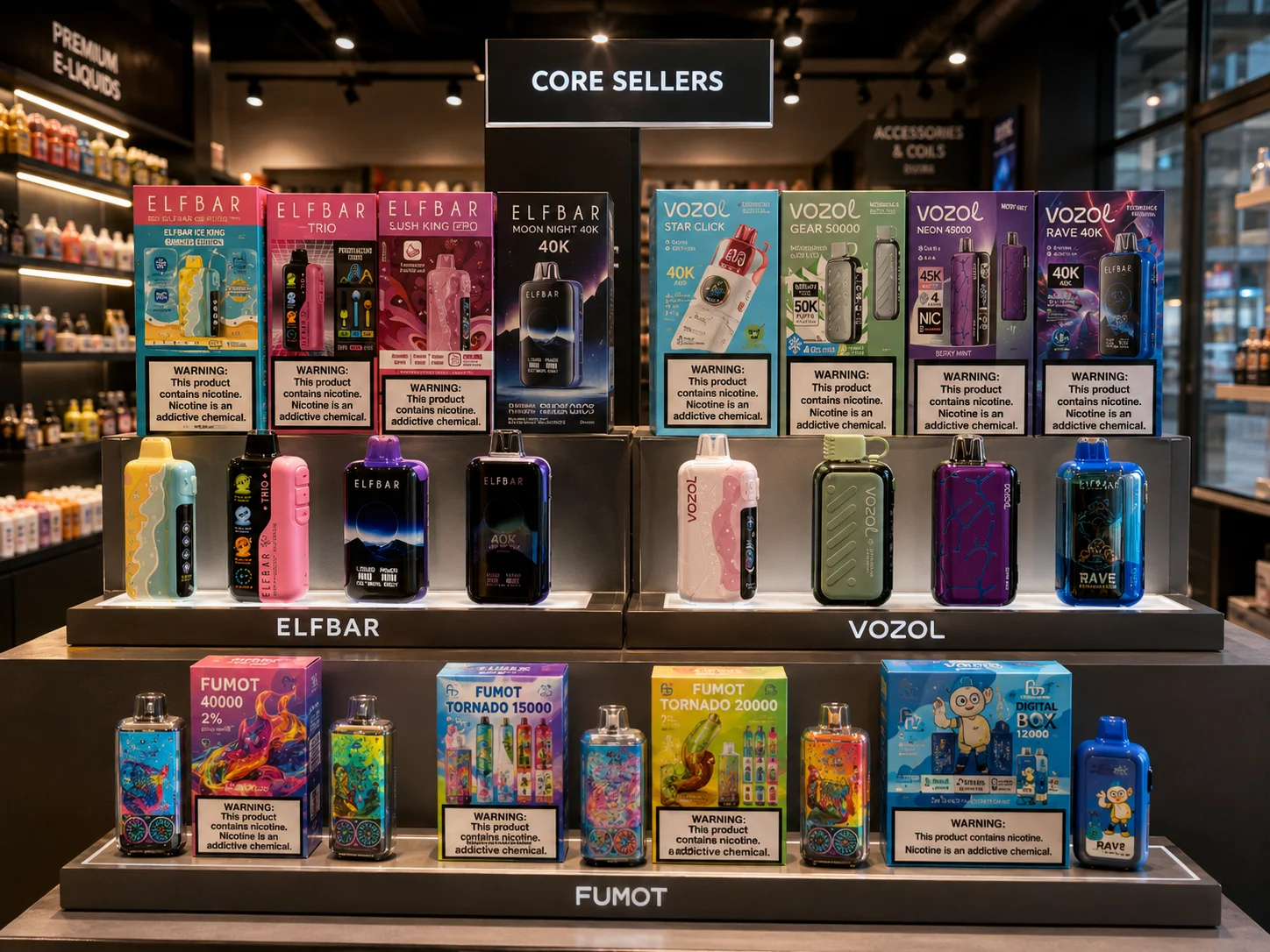Popular vape brands like Elf Bar and Vozol displayed prominently
