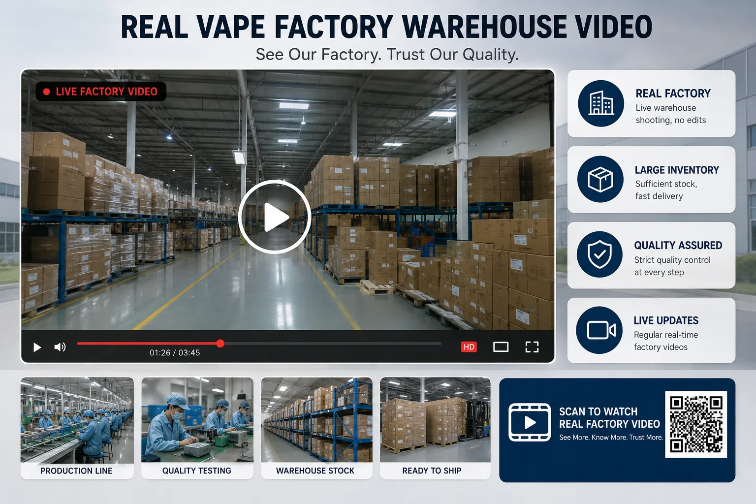 Warehouse view with stacked vape product boxes, live video play preview, and quality assurance highlights for factory operations.